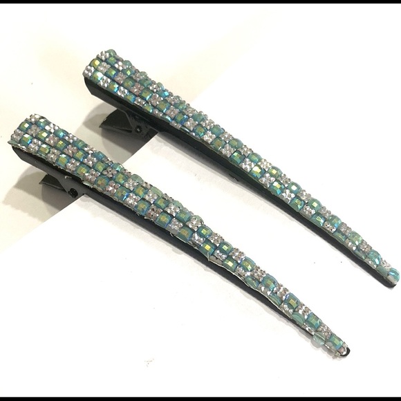 Updo Hair Clips Set Of 2 Shimmering Green Squares - Picture 3 of 5